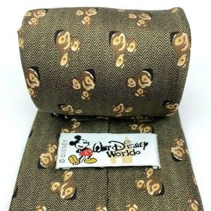 WALT DISNEY WORLD Tie Mickey Mouse Head  Khaki Green Brown 100% Silk Necktie